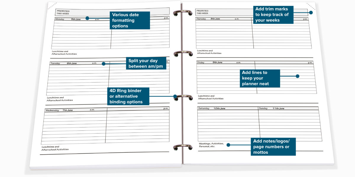 Customised Primary Teacher Planner spread showing flexible weekly layout and personalised planning options